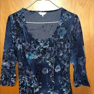 Cotton Traders Chic Navy Floral Devore Long Sleeve MIDI Dress